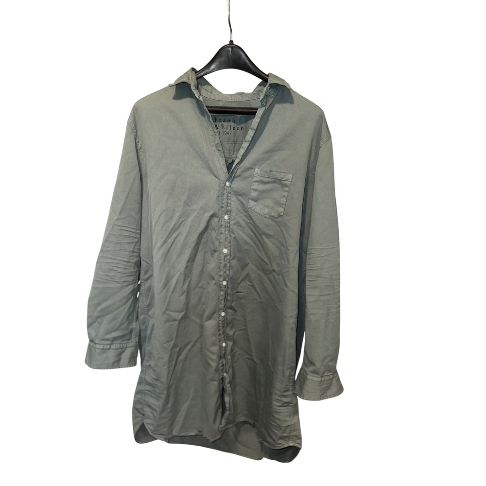 Frank & Eileen Mary Sage Green Cotton Button Down Shirt Dress Large raw hem